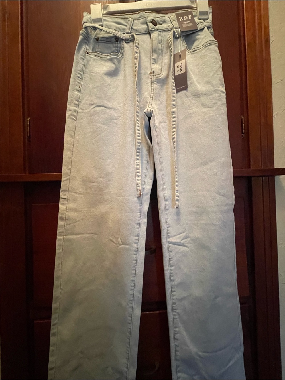 KDF Light Blue Straight Women's Jeans with Drawstring Waist
